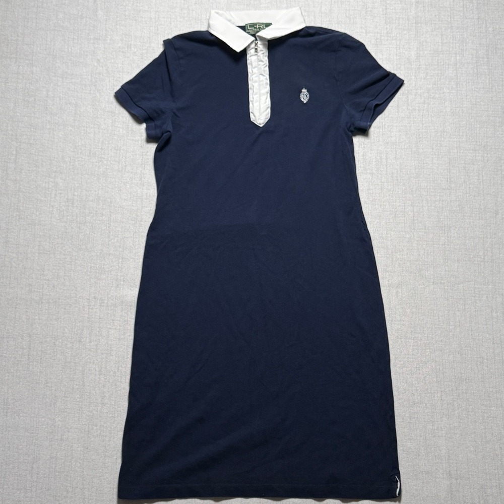 Vintage LRL Lauren Active Polo Dress Shift Collared Navy Blue Cotton Size L